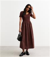 Women's Dark Brown 2 in 1 Poplin Skirt Midi Dress New Look