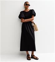 Women's Tall Black Puff Sleeve 2 in 1 Poplin Skirt Midi Dress New Look