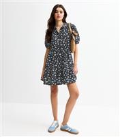 Women's Blue Floral Print Tiered Short Sleeve Shirt Mini Dress New Look