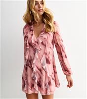 Women's Pink Tie Dye Print Ruffle Trim Chiffon Mini Dress New Look
