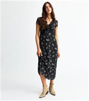 Women's Black Floral Print Lace Trim Midi Dress New Look