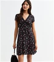 Women's Black Floral Print Lace Trim Mini Dress New Look
