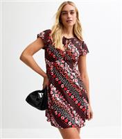 Women's Black Floral and Tomato Print Crepe Mini Dress New Look