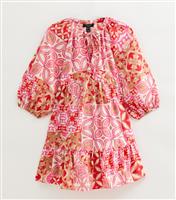 Women's Petite Pink Tile Print Tiered Mini Smock Dress New Look
