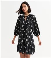 Women's Black Daisy Print Tie Neck Mini Dress New Look