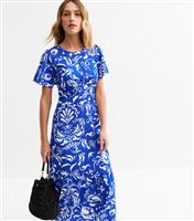 Women's Blue Pattern Print Tiered Hem Midi Dress New Look