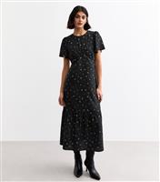 Women's Black Floral Print Gathered Midi Dress New Look