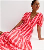 Women's Pink Striped Wrap Midi Dress New Look