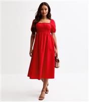 Women's Petite Bright Red Milkmaid Puff Sleeve Midi Dress New Look