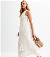 Women's White Rib Racerback Broderie Anglaise Embroidered Midi Dress New Look