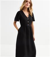 Women's Black Flutter Sleeve Button Front Midi Dress New Look