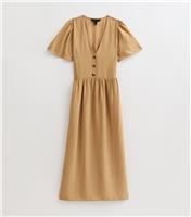 Women's Camel Flutter Sleeve Button Front Midi Dress New Look