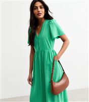 Women's Green Flutter Sleeve Button Front Midi Dress New Look