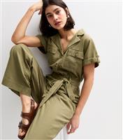 Women's Khaki Short Sleeve Belted Jumpsuit New Look