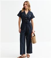 Women's Navy Short Sleeve Belted Jumpsuit New Look