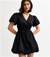 Women's Black Puffball Hem Wrap Mini Dress New Look