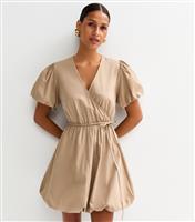 Women's Camel Puffball Hem Wrap Mini Dress New Look
