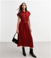 Women's Dark Red Drawstring Waist Textured Midi Dress New Look