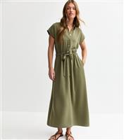 Women's Khaki Drawstring Waist Textured Midi Dress New Look