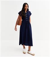 Women's Navy Drawstring Waist Textured Midi Dress New Look