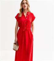 Women's Red Drawstring Waist Textured Midi Dress New Look