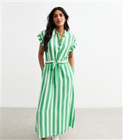 Women's Green Stripe Print Tie Front Shirt Dress New Look
