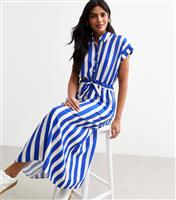 Women's Blue Stripe Print Tie Front Shirt Dress New Look