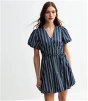 Women's Blue Stripe Print Puffball Wrap Mini Dress New Look