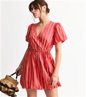 Women's Red Stripe Print Puffball Wrap Mini Dress New Look