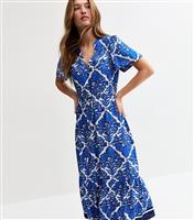 Women's Blue Tile Print Drawstring Midi Shirt Dress New Look