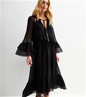 Women's Black Ruffle Trim Chiffon Midi Dress New Look