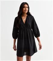 Women's Black Broderie Sleeve Smock Mini Dress New Look