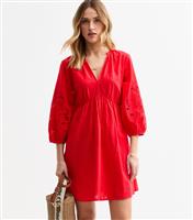 Women's Red Broderie Sleeve Smock Mini Dress New Look