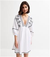 Women's White Floral Embroidered Smock Mini Dress New Look
