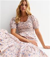 Women's Pink Floral Print Tie Neck Milkmaid Midi Dress New Look