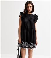 Women's Black Floral Embroidered Frill Trim Mini Dress New Look