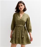 Women's Khaki Broderie Angalise Mini Dress New Look