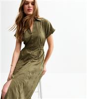 Women's Dark Khaki Broderie Anglaise V-Neck Midi Shirt Dress New Look