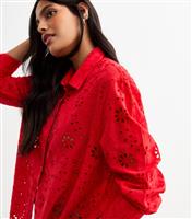Women's Red Broderie Anglaise Long Sleeve Shirt New Look