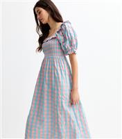 Women's Blue Textured Gingham Smock Puff Sleeve Midi Dress New Look