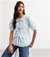 Women's Blue Broderie Anglaise Hem Gingham Shirt New Look
