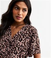 Women's Brown Leopard Print Button Front Top New Look