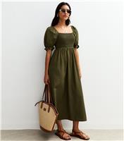 Women's Light Khaki Puff Sleeve Midi Dress New Look