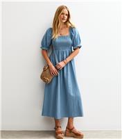 Women's Blue Puff Sleeve Midi Dress New Look