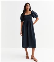 Women's Navy Puff Sleeve Midi Dress New Look