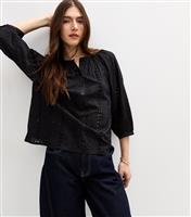 Women's Black Broderie Anglaise Balloon Sleeve Blouse New Look