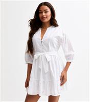 Women's Petite White Broderie Anglaise Tiered Hem Mini Dress New Look