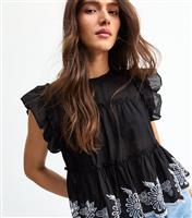 Women's Black Floral Embroidered Frilly Trim Top New Look