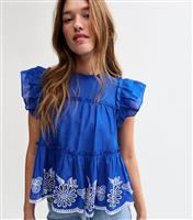 Women's Bright Blue Floral Embroidered Frilly Trim Top New Look