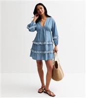 Women's Petite Blue Embroidered Trim Chambray Mini Dress New Look